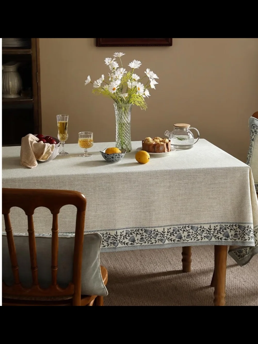 Neutral Designer Linen-Look Tablecloth with Floral Border 71 X 55